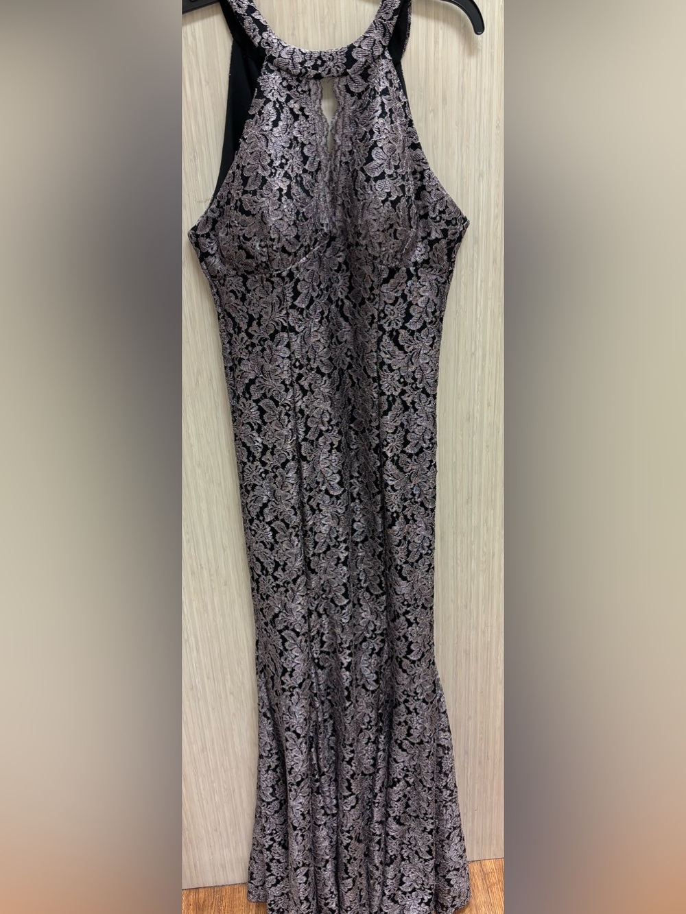 R&M Richards Black and Silver Lace Halter Wedding Dress